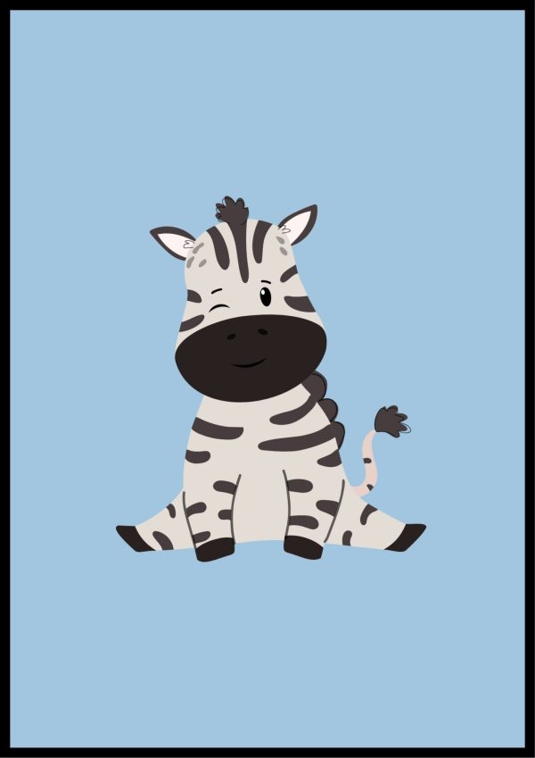 Cebra baby fondo azul póster enmarcado para habitación infantil