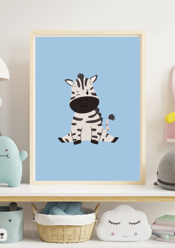 Cebra baby fondo azul póster enmarcado para habitación infantil