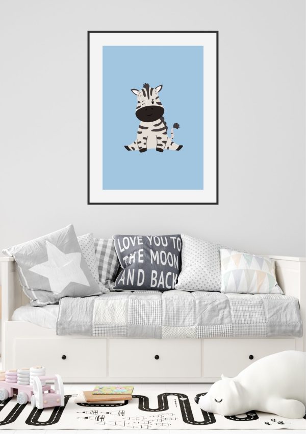 Cebra baby fondo azul póster enmarcado para habitación infantil