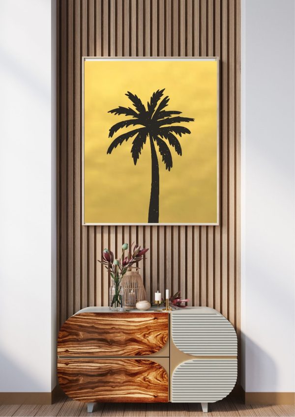 Palmera negra con fondo dorado póster con marco